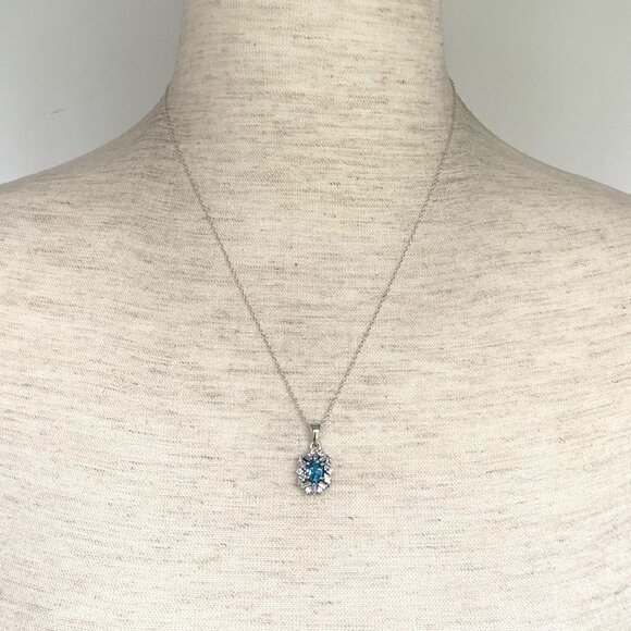 Sterling Silver 925 Blue Topaz CZ Halo Pendant Necklace 18" Cable Chain - Picture 2 of 16